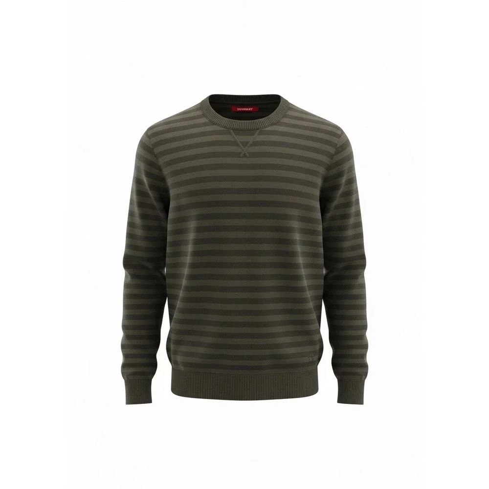 Unionbay Mens‎ Crewneck Sweater Olive Green Charcoal Striped Acrylic Large L